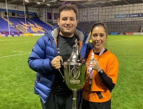 Liverpool Hope University Clinical Tutor Jessica Law and Sports Rehabilitation student Adam El-Agaty celebrate helping England win the PDRL World Cup.